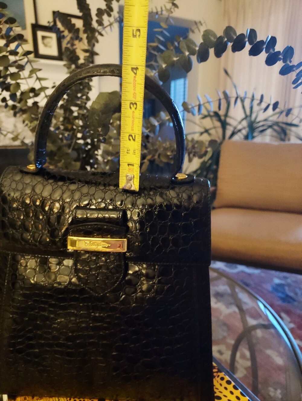 Salvatore Ferragamo Black Croc-Embossed Top Handle Bag with Gold Hardware - Picture 5 of 8